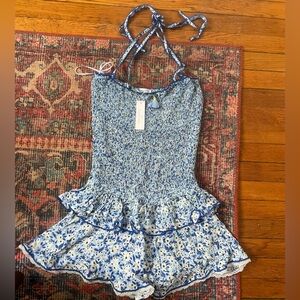*NEVER WORN* Poupette St Barth Blue floral ruched romper size medium